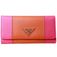 Prada Saffiano Leather Tri -Fold Wallet Hot Pink With Orange