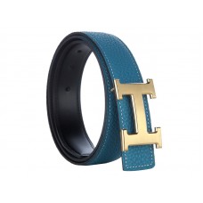 Hermes Togo Leather Belt With Gold H Buckle Blue