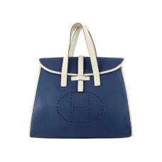 Hermes 08c Flap Bag Blue With Off-White Leather Trim