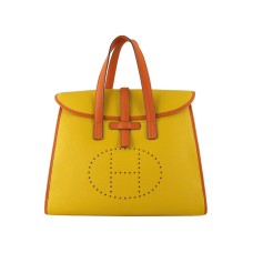 Hermes 08c Flap Bag Yellow With Orange Leather Trim