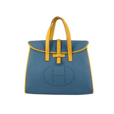 Hermes 08c Flap Bag Blue With Yellow Leather Trim