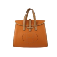 Hermes 08c Flap Bag Orange With Brown Leather Trim