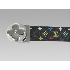 Louis Vuitton Black Multicolore Belt With Round Flower Silvery Buckle